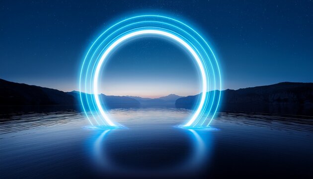 Leuchtender Kreis Uber Wasser N Minimalistische Futuristische Nachtlandschaft