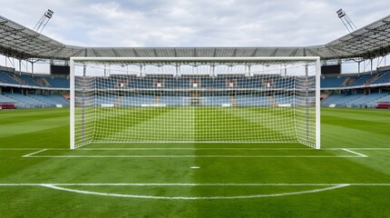 Fototapeta premium Professional Soccer Goal Front View on Green Grass Pitch in Large Empty Stadium
