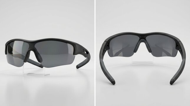 Black sunglasses with dark lenses are shown side and front on white