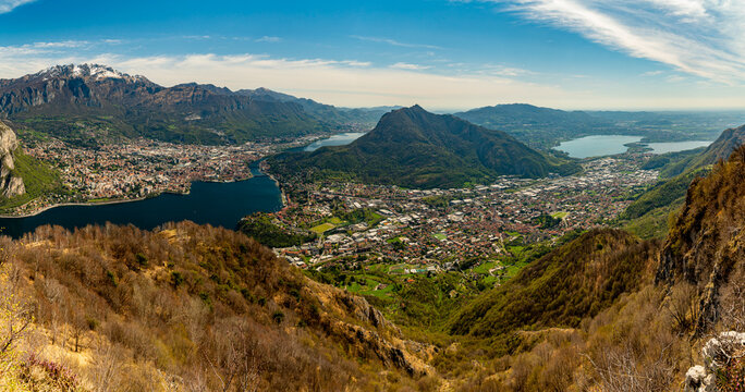 View of Lake Como, the Lecco branch, the city of Lecco, and the Brianza lakes, from Mount Moregallo.