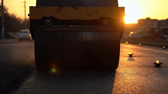 A yellow road roller compacts a freshly laid asphalt road at sunset, with small oil lamps placed along the surface, suggesting a ceremonial or celebratory event.