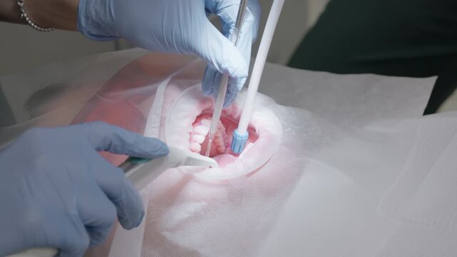 Dentist flushing oral cavity with water from 3-way syringe while assistant using suction saliva ejector to remove fluid and residue during professional stomatology treatment in clinic