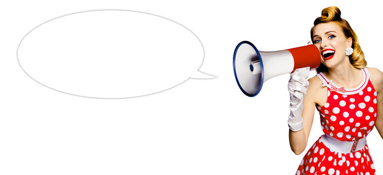 Image - expressive happy pin up woman shout say in mega phone megaphone. Cute pinup girl advertise with loudspeaker bullhorn. Isolated against white background. Empty mockup speech bubble speechbubble
