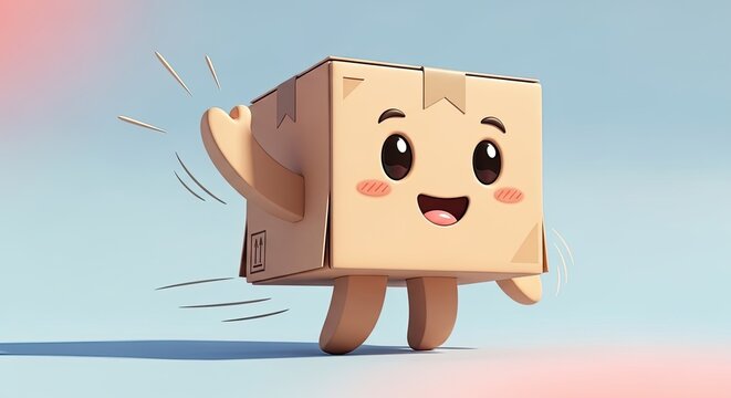 A cheerful cardboard box character running with a happy expression on its face