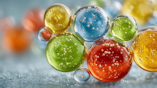 Colorful gel or candy spheres clustered.