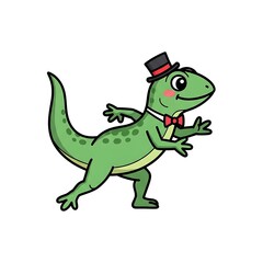 Fototapeta premium A cartoon lizard, green with black spots, is seen dancing and wearing a tiny top hat and bow tie against a white background