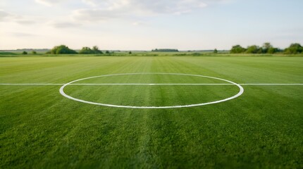 Obraz premium Minimalist Green Soccer Field Center Circle and Pitch Markings Under Sunset Sky