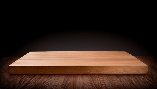 a light brown wooden rectangular and raised platform with bevelled edges on a dark background