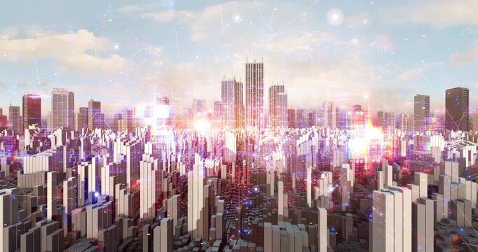 Futuristic urban landscape with artificial intelligence control systems. Technology Related 3D Animation.