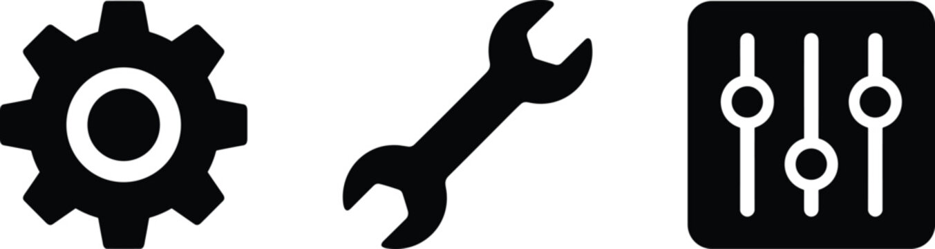 Three simple line icons illustrate setup gear, a wrench for tools, and adjustment sliders for various system options