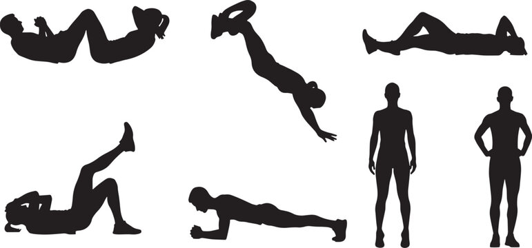 Fitness workout exercise poses silhouette set vector illustration icons