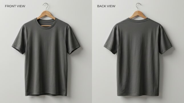 Front and back view of plain dark gray t-shirt mockup on a hanger