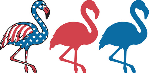 Obraz premium Independence Day Three flamingos patriotic USA flag colors vector graphic set