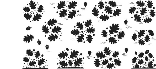 Oak leaf and acorn pattern collection with natural autumn elements, seamless botanical designs in black vector illustration set © Rubya