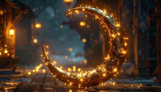 Golden Crescent Moon Adorned with Lights - A Festive and Enchanting Display.