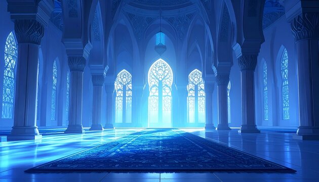 Mystical Blue Interior - Grand Hall with Arched Windows and Light Beams.