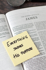 Obraz premium Everything serves His purpose, inspirational quote with holy bible book. Faith in God Jesus Christ, patience, wisdom, and spiritual growth, biblical concept.