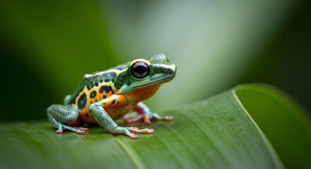 Obraz premium A vibrant red eyed tree frog resting on a lush green leaf in a tropical rainforest environment