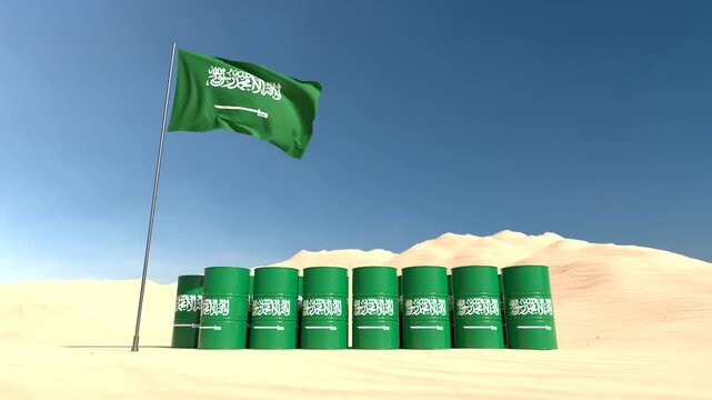 Saudi Arabia oil barrels in the desert with national flag, Looping video. 3D Render