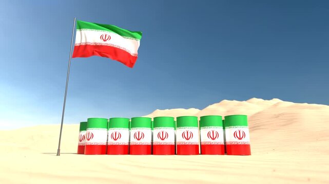 Iran oil barrels in desert with national flag, Looping video. 3D Render