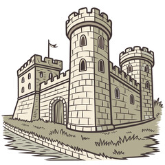 Obraz premium Grand medieval castle with multiple towers and walls, fortified stone structure with gate, historical building illustration for fantasy games and stories.