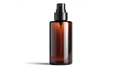 Fototapeta premium Amber glass spray bottle with a black top. The transparent container has a subtle shadow on a white background, suggesting a natural light source