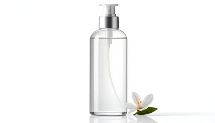 Fototapeta premium A transparent glass bottle with a silver pump dispenser, filled with a clear liquid, and a small white flower