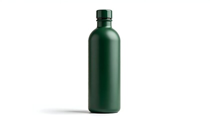 Obraz premium A sleek, tall, matte-green bottle with a matching cap stands upright against a pristine white backdrop, casting a subtle shadow. The design is simple, elegant and minimalist