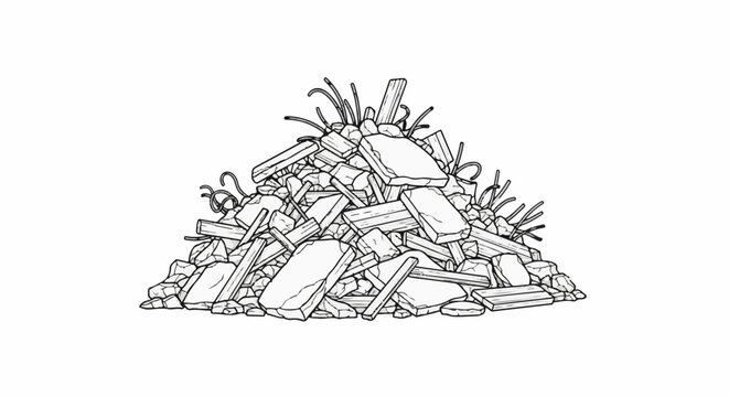 Pile of rubble with exposed rebar and splintered wood