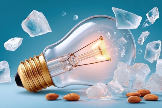 Broken light bulb with glowing filament and scattered glass shards on cool blue background