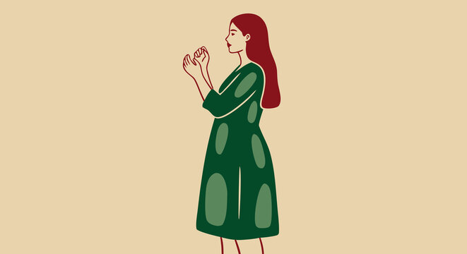 Minimalist illustration of a woman engaged in deep spiritual reflection, hands clasped in prayer or peaceful meditation, embodying devotion and inner calm