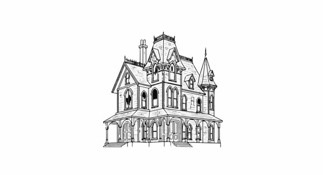 Ornate Victorian house with turret and porch, sketched in black and white