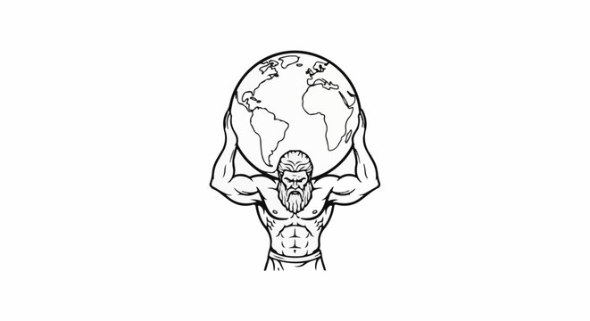 Muscular figure with beard holds planet Earth above head
