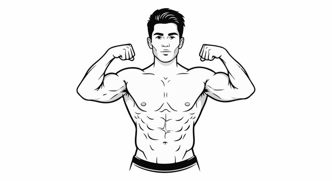 Muscular man flexing arms with defined abs, black and white illustration
