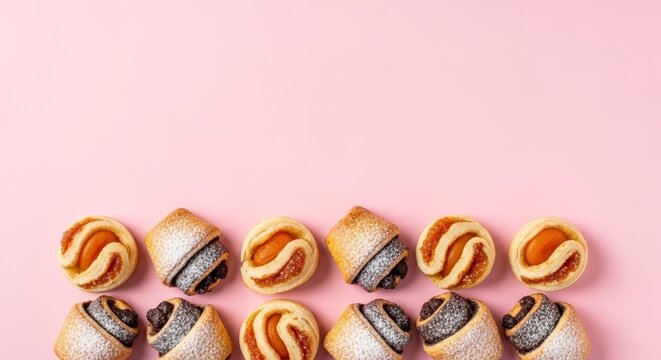 Chocolate filled cream puffs pink background.