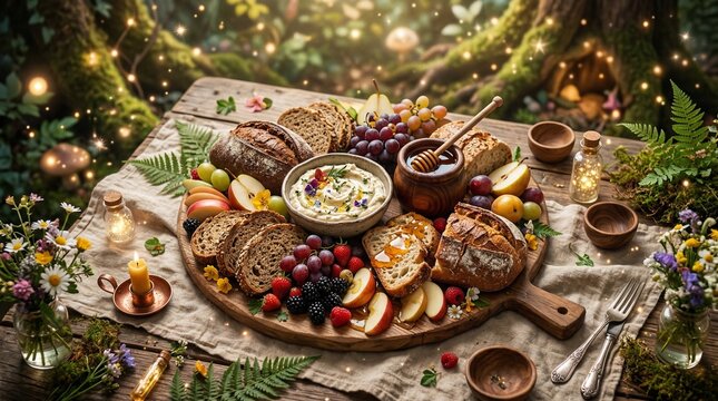 Rustic Bread and Fruit Grazing Board with Honey in Enchanted Forest Setting