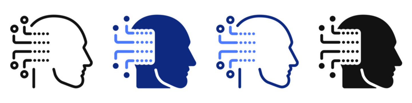 Vector icon or logo of human head with AI chip related to artificial intelligence, machine learning, data science. Symbol for website or app UI, logo design, illustration