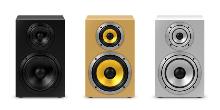Vector icons of realistic audio speakers related to music and entertainment industry, sound equipment. Realistic illustration isolated on white background
