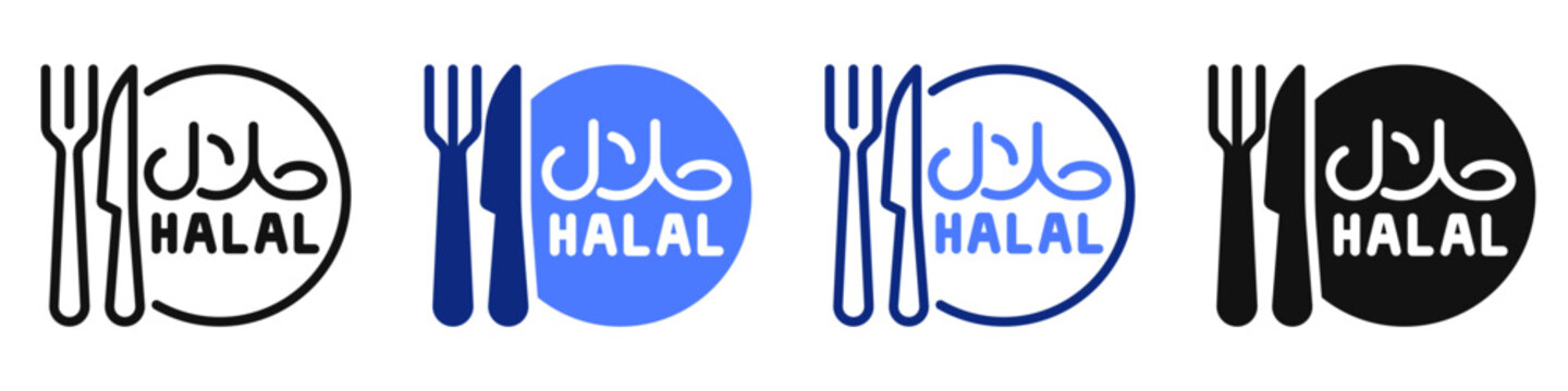 Vector icon or logo of plate with halal food symbol related to muslim food, traditional kitchen, islamic religion. Symbol for website or app UI, logo design, illustration