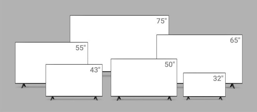 Collection of widescreen realistic TVs with blank empty white screen isolated on white background