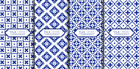 Blue ornamental tile patterns set. Collection of elegant blue and white ornamental tile patterns featuring geometric and floral motifs, ideal for backgrounds, wallpapers, and decorative design project © shamanviiii