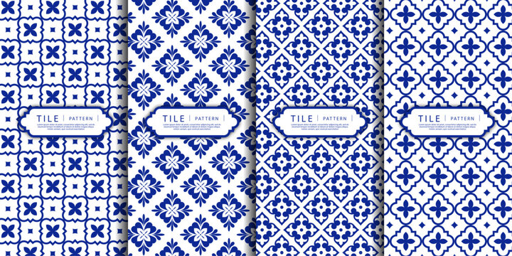 Blue ornamental tile patterns set. Collection of elegant blue and white ornamental tile patterns featuring geometric and floral motifs, ideal for backgrounds, wallpapers, and decorative design project
