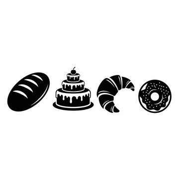 Bakery Icons: Bread, Cake, Croissant, Donut - Black and White Vector Graphics