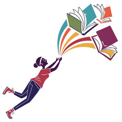Obraz premium Dynamic silhouette person leaps into air catching vibrant books bursting with colorful arcs symbolizing education and knowledge transfer empowering personal growth.