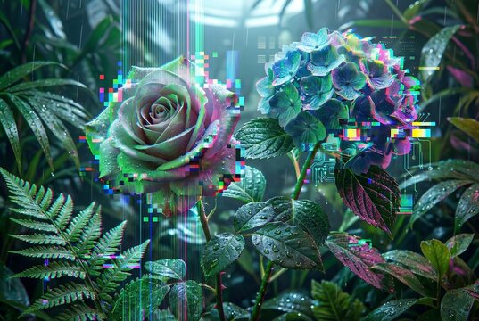 Digital Imperfection: Botanical Garden with Flowers and Plants Experiencing Datamoshing and RGB Pixel Glitch Effects