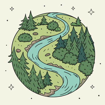 Stylized circular depiction of nature with winding river pine trees and starry sky, representing a mini planet ecosystem.