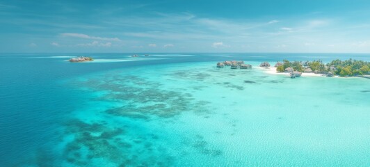 Obraz premium Aerial Drone View of Tropical Islands with Crystal Clear Turquoise Water, Coral Reefs and Overwater Villas in Bright Sunlight, Minimal Luxury Travel Paradise Concept with Copy Space