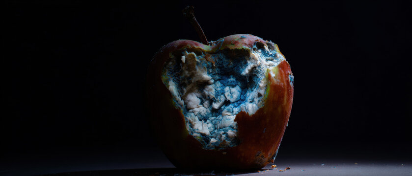Rotten apple with white and blue mold patches under cinematic lighting.