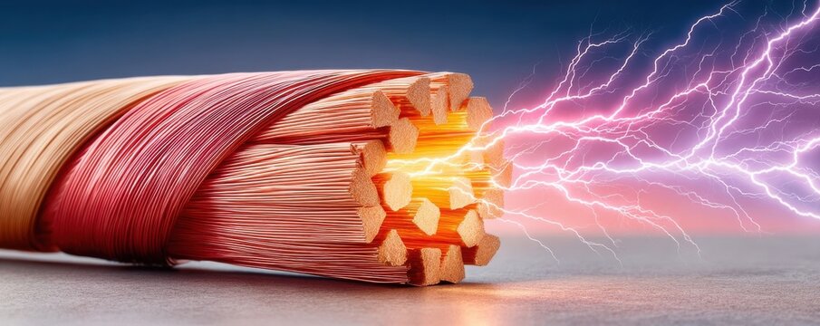 Welding wire and copper cable energized by electrical lightning strike close-up on surface