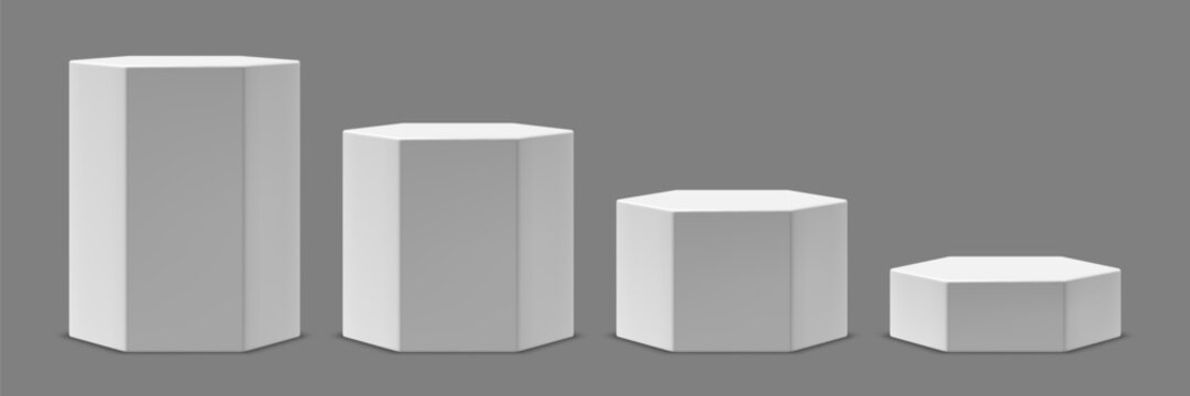 Vector collection of polygonal white pedestals or platforms of different heights for product presentation. Realistic and minimalistic mockup or template